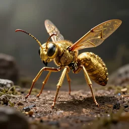 Giant golden nuclear hornet, ornate golden design, size of a small bear, it kills you instantly, super 8mm photograph