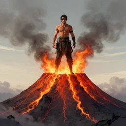 A one armed man with an eyepatch standing atop a flaming volcano, digital art, 8k, UHD