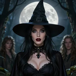 close - up portrait of a very beautiful witch in front of the full big moon in a fantasy forest, bra, by james gurney, max liebermann, greg rutkowski, highly detailed digital art, artstation