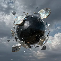 dark matter faceted surrealism breaks into fragments, the mother - of - pearl sky and the black sphare