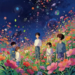 night sky full of flowers, cyberpunk art, floating detailes, leaves by miyazaki, colorful palette illustration, kenneth blom, mental alchemy, james jean, pablo amaringo, naudline pierre, contemporary art, hyper detailed