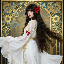 long hair brunette woman red bow green eyes bangs flowing white dress art deco gold blue flowers fantasy realism