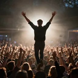 backlit geert wilders freefloating and raising both his arms amid epic crowd