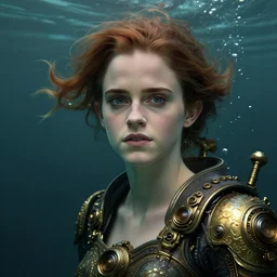 underwater steampunk portrait of emma watson, au naturel, hyper detailed, digital art, trending in artstation, cinematic lighting, studio quality, smooth render, unreal engine 5 rendered, octane rendered, art style by klimt and nixeu and ian sprigger and wlop and krenz cushart.