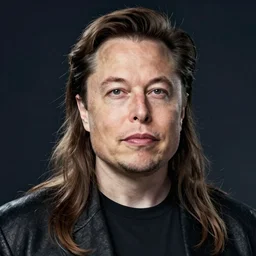 A portrait photo of Elon Musk with very long hair