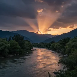 landscape photography by marc adamus, ultra wide angle, river, mountains, trees, dramatic lighting, sunset, dramatic sky, glowing crystal castle in distance