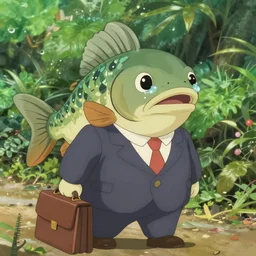 anthropomorphic trout in suit with briefcase on way to work, business fish, miyazaki, fish face, studio ghibli, movie still, lush background, cinematic, highly detailed, piscine yuppie, adprable wet eyes, anime