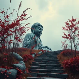 a gorgeous bleak autumn painting by barlowe wayne, maxfield parrish, gustave dore and marco mazzoni. close - up shot on a lonely huge chinese buddha statue, broken, spears of barbed wild grass flourished abundantly. grey blue. maroon leaves, the winding stone steps. ultra clear detailed. 3 d, octane render. turbulent blood lake.