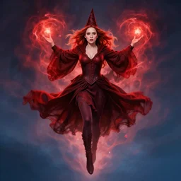 symmetrical scarlet played by elizabeth olsen witch levitating with red powers, amazingly beautiful artwork