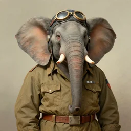 An anthropomorphic Elephant wearing a 1940's Aviator uniform portrait, art by Norman Rockwell