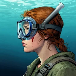 a profile photo of a russian spy woman side profile with a diving oxygen mask with side profile blood in ocean intricate details by MARVEL comics and Sandra Chevrier-C
