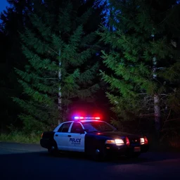 a police car with the lights on, red and blue, very dark night in the countryside, surrounded by green pine trees, oregon