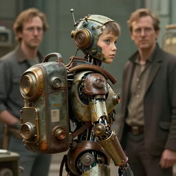 steampunk robot boy with a retrofuturistic backpack by syd mead and norman rockwell. highly detailed digital art. retrofuturism. steampunk. beautiful lighting. trending on artstation.