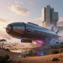 render of huge futuristic submarine, by Ian McQue, Rutkowski, lee madgwick and hubert robert, concrete building by le corbusier on the background, puddles of water, trees and bushes, dune style, neon glow, vivid color, moody lighting, unreal engine, bright sunrise, epic skies, foggy