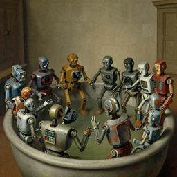 basin full of old robots and the unbaptized having strange quarrels, artwork by james ensor and odlion redon