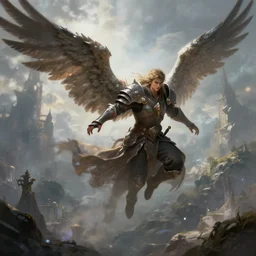a winged fantasy warrior flying through a magical realm, digital painting, male