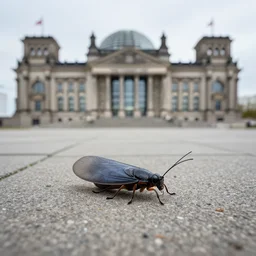 closeup photo of a firefly crawling on the pavement with the german reichstag in the background, short dof