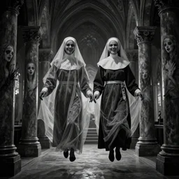 nightmare vision, medium depth of field. black and white, award winning photo of smiling levitating twin nuns, wearing translucent sheet, Mary in a sanctuary, mirror hallways, eerie, tall columns, faces emerging from columns, frightening —width 1024 —height 1024