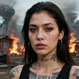 photographic portrait of a streetwear woman with watery eyes, a futuristic shanty town burns in the background, closeup, distress, tattoos, sigma 85mm f/1.4, 4k, depth of field, high resolution, 4k, 8k, hd, full color