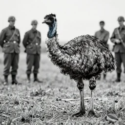the emu war. war photography, ww 2, award winning journalism, black and white, colorized.