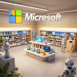 environment art matte painting of a 2 0 5 0 s microsoft retail interior, phones, tablets, robots and mannequins, by ruan jia trending on artstation, 4 k