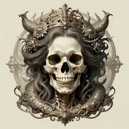 perfectly centered portrait front view of a angry dead rotten beautiful female skull growing ornamentation all around, ornate, detailed, symmetrical, elegant, beautifully soft lit, by wayne barlowe, peter mohrbacher, kelly mckernan