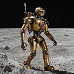 photo of a steampunk robot with brass gears and pipes walking on the surface of the moon, photorealistic, ultra high detail, 8k
