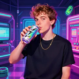 Jeff Gerstmann enjoying a Zoe Energy drink in the Vaporwave zone, detailed, colorful