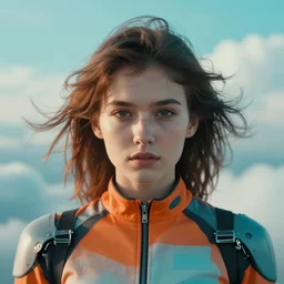 symmetry closeup portrait of a racer girl cyborg jumpsuit in clouds cinematic light windy teal orange by gerald brom by mikhail vr