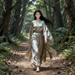 A sorceress in a flowing silk robe walks down a dusty path through a deep forest. Anime, with photorealistic backgrounds.