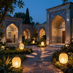 beautiful garden at twilight by Maxfield Parrish and Nicholas Roerich and jean delville, glowing paper lanterns, strong dramatic cinematic lighting , ornate tiled architecture, lost civilizations, smooth, sharp focus, extremely detailed