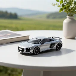 a small miniature of a Audi R8 on a white table near a book and a vase with a plant, 3d render, unreal engine 5, octane render, 4k, low contrast, path tracing, serene landscape, calm, relaxing, beautiful landscape, highly detailed, high quality, product photo, hyperrealistic, concept art