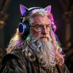 gandalf the wizard lotr with neon hair wizard and rimmed glasses, cat ears headphone
