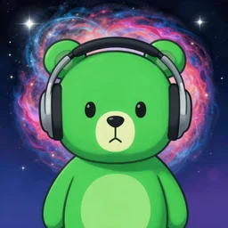 a cartoon green humanoid bear with headphones looking in front of the camera by inio asano, beeple and james jean, aya takano color style, 8 k, super detailed, night sky, digital art, digital painting, celestial, majestic, colorful, front