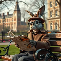 humanoid rabbit detective in early century old world london. beautiful park bench, reading the newspaper, monocle, painting