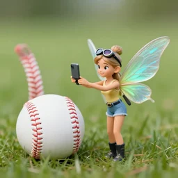 a tiny fairy taking a selfie next to a baseball! Ultra realistic! 25mm f/1.7 ASPH Lens!