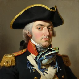 a close - up portrait painting of an amazon milk frog with a tricorn and military uniform by gilbert stuart, american scene painting, oil on canvas