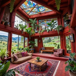 interior of a psychedelic modern ecopunk frank lloyd wright tiny house mansion made entirely of redwood in the mountain valley of colorado, lots of plants and stained glass ceilings and persian rugs