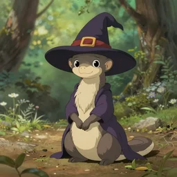 cute witch mongoose, natural lighting, path traced, highly detailed, high quality, digital painting, by don bluth and ross tran and studio ghibli and alphonse mucha, artgerm