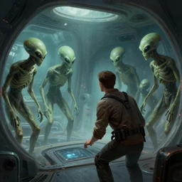 aliens inspecting a human in a spaceship concept art