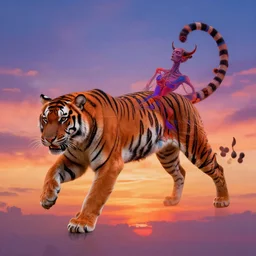 illusionary art tiger sunset psychedelic trippy gorgeous beautiful pretty girl in the sky by victo ngai hyperrealism human structure demon tense psychedelic illusionary artgerm thibault girard