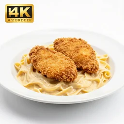 photo of breaded chicken and sauce with pasta, professional, studio, 4 k