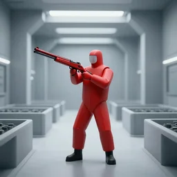 red hazmat holding a minimalist shotgun, in an underground facility, sterile, MC Escher style architecture, human farm, action shot, cinematic, unreal engine, concept art