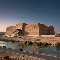 photo of a museum in a dessert next to river, the museum is made out of rammed earth with huge rock in the front, the museum is huge and has rectangular perforations, the sky has stars and air with dusk, the view is street view, 8 0 k,