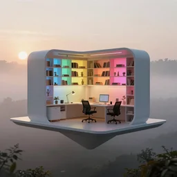 candid photo of misty sunrise futuristic floating cozy open - air design studio workshop : designed by jony ive ( glowing colorful oled arranged into minimalist explorable bookshelves ) scale model floating in midair : brilliant daylight vr os ux, leica 8 k still from an a 2 4 film