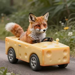 fox driving a cheese shaped car highly detailed