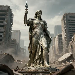 statue of a warrior standing in the destroyed city, post apocalyptic scenery