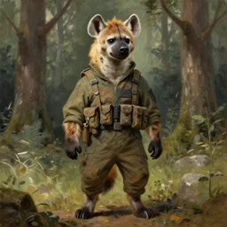 anthropomorphic furry hyena soldier wearing modern military gear in a forest, character design, painting by gaston bussiere, craig mullins, j. c. leyendecker, tom of finland
