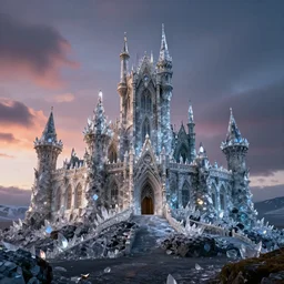 medieval baroque castle made of crystal shards : : epic landscape, iceland photography, cinematic, octane render, 8 k, artstation trends, dramatic lighting, beautiful dusk sky, concept art, isekai rococo, photo realistic, intense detail