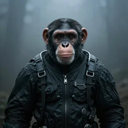 portrait of a straight forward looking Chimpanzee in black spacesuit, dark, moody, foggy, by Sean Yoro, Chie Youshee, Raymond Swanland